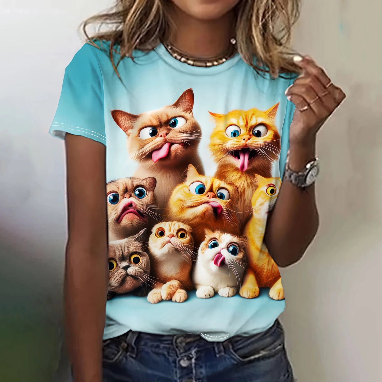 Women's Short Sleeve Round Neck Cat Pattern T-Shirt