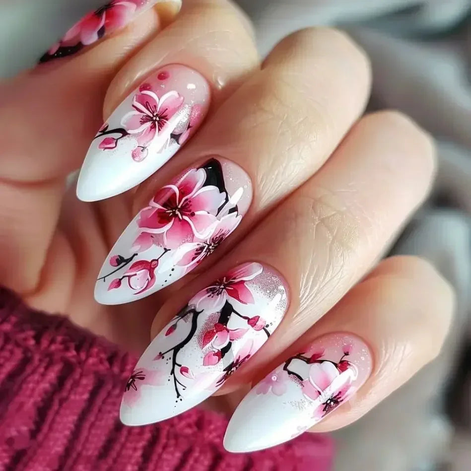 Almond shaped false nails with glue