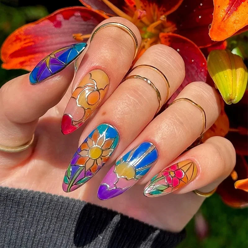 Almond shaped false nails with glue
