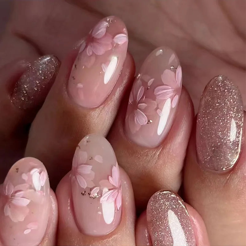Almond shaped false nails with glue