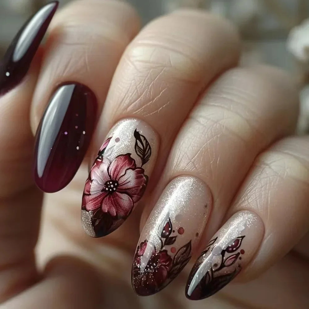 Almond shaped false nails with glue