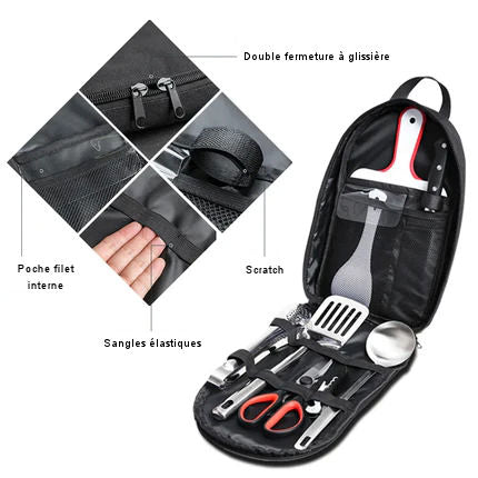 9-piece set (with bag) of utensils for portable barbecue