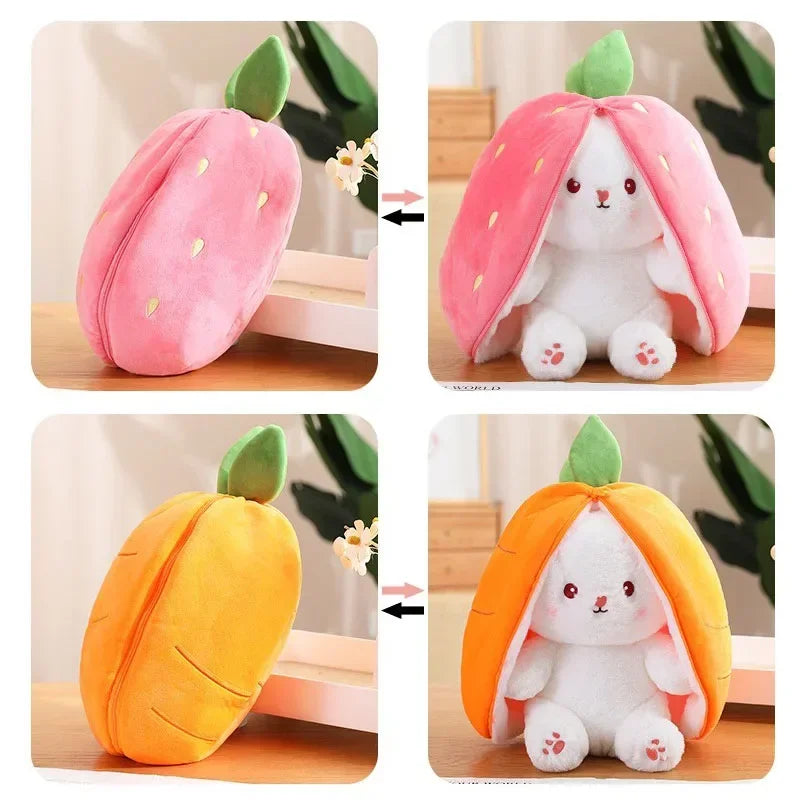 Plush rabbit in strawberry or carrot outfit 