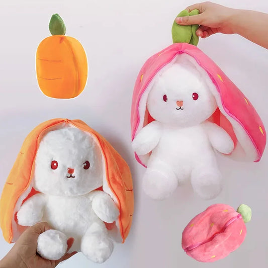 Plush rabbit in strawberry or carrot outfit 