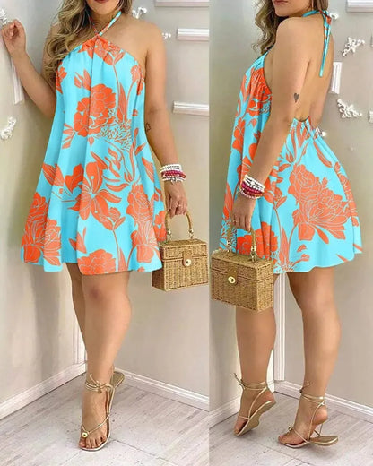Tropical Halter Backless Summer Dress 
