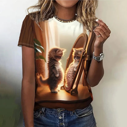 Women's Short Sleeve Round Neck Cat Pattern T-Shirt