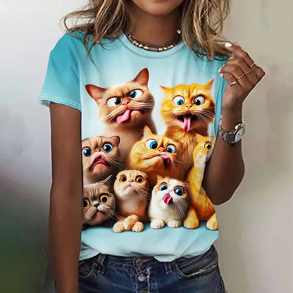 Women's Short Sleeve Round Neck Cat Pattern T-Shirt
