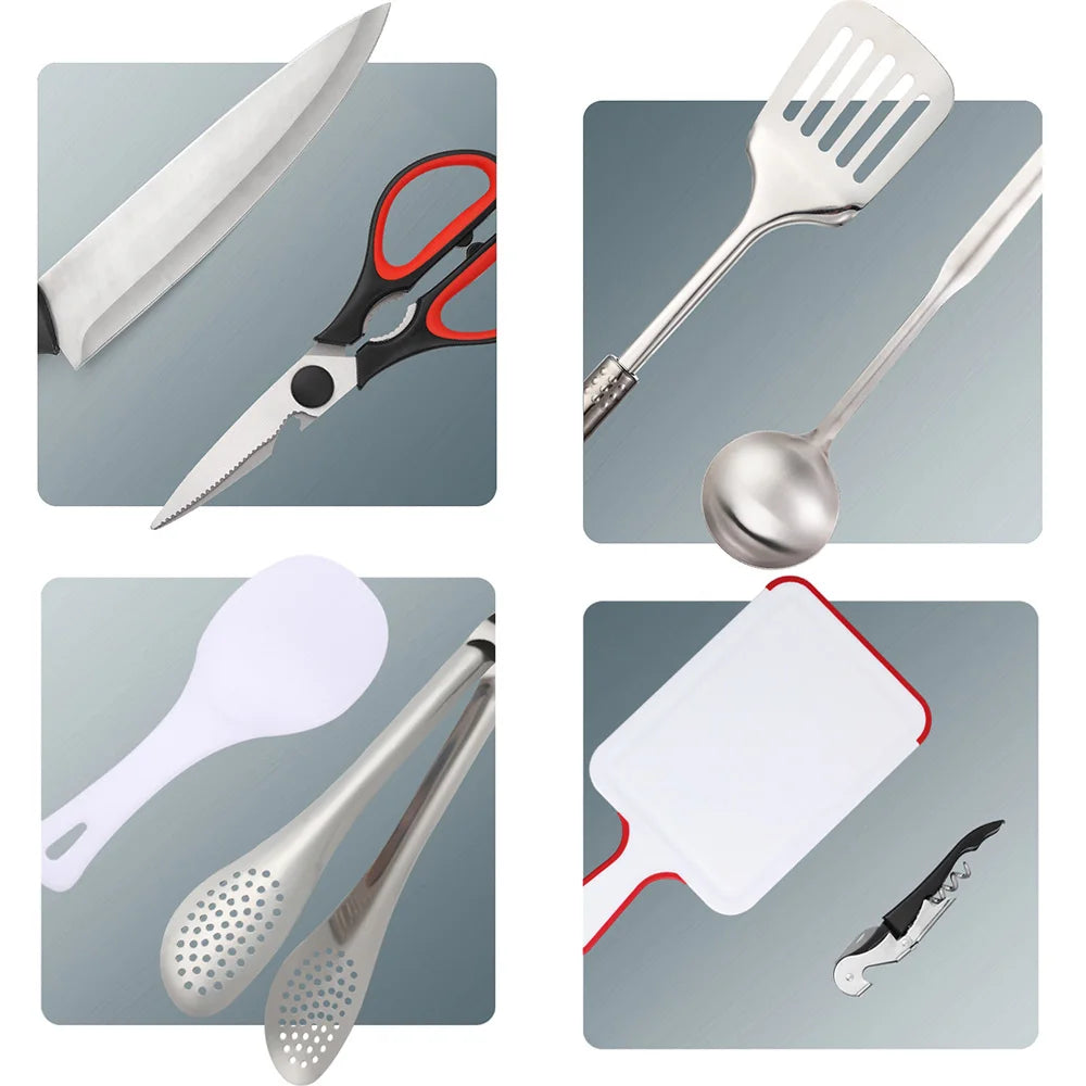9-piece set (with bag) of utensils for portable barbecue