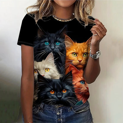 Women's Short Sleeve Round Neck Cat Pattern T-Shirt