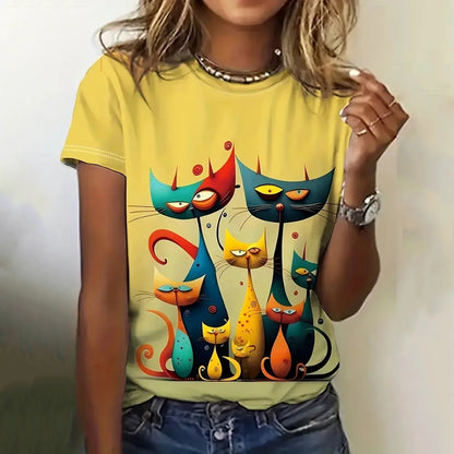 Women's Short Sleeve Round Neck Cat Pattern T-Shirt
