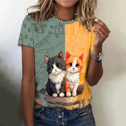 Women's Short Sleeve Round Neck Cat Pattern T-Shirt