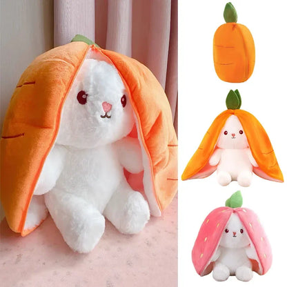 Plush rabbit in strawberry or carrot outfit 