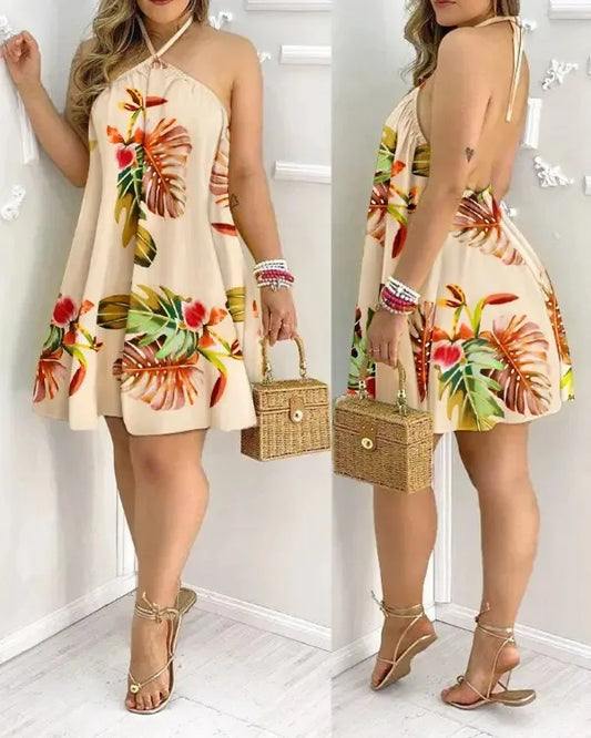 Tropical Halter Backless Summer Dress 