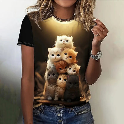 Women's Short Sleeve Round Neck Cat Pattern T-Shirt