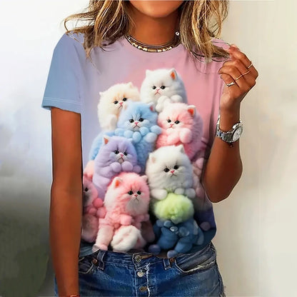 Women's Short Sleeve Round Neck Cat Pattern T-Shirt