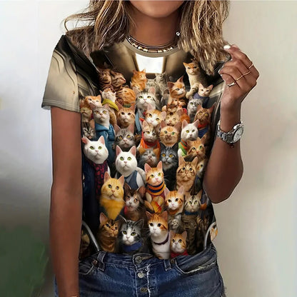 Women's Short Sleeve Round Neck Cat Pattern T-Shirt