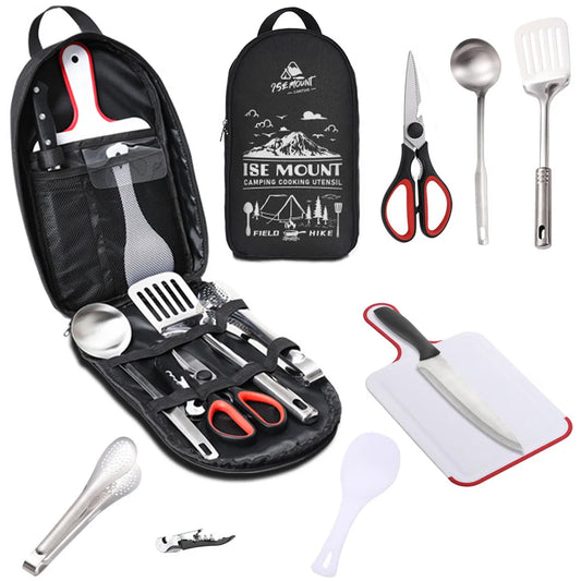 9-piece set (with bag) of utensils for portable barbecue