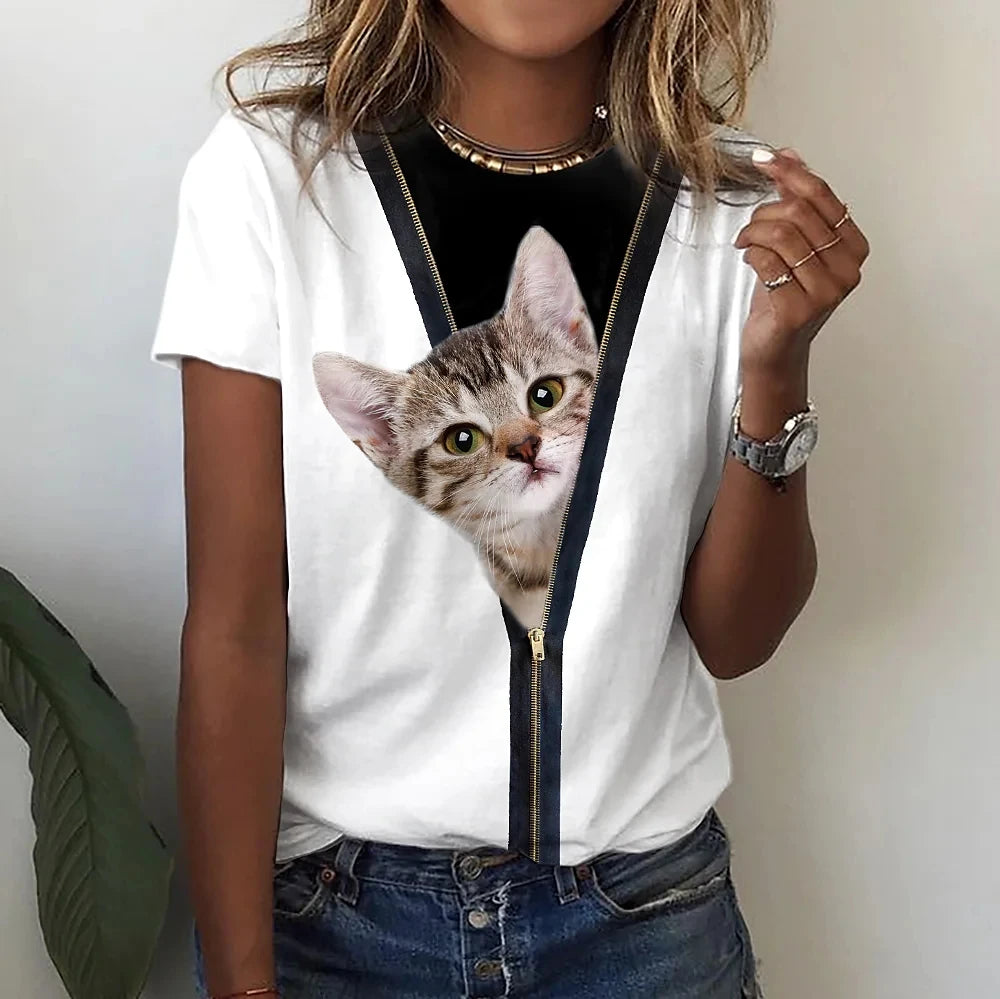 Women's Short Sleeve Round Neck Cat Pattern T-Shirt