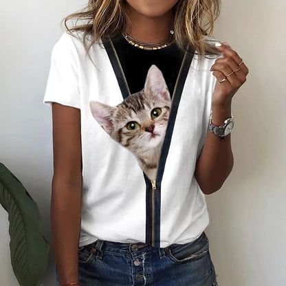 Women's Short Sleeve Round Neck Cat Pattern T-Shirt