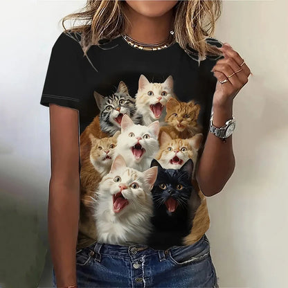 Women's Short Sleeve Round Neck Cat Pattern T-Shirt