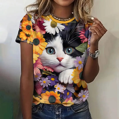 Women's Short Sleeve Round Neck Cat Pattern T-Shirt