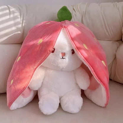 Plush rabbit in strawberry or carrot outfit 