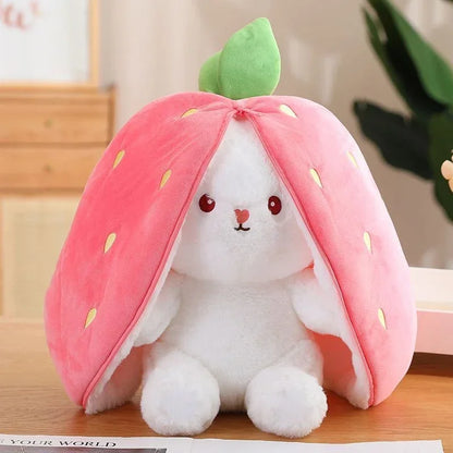 Plush rabbit in strawberry or carrot outfit 