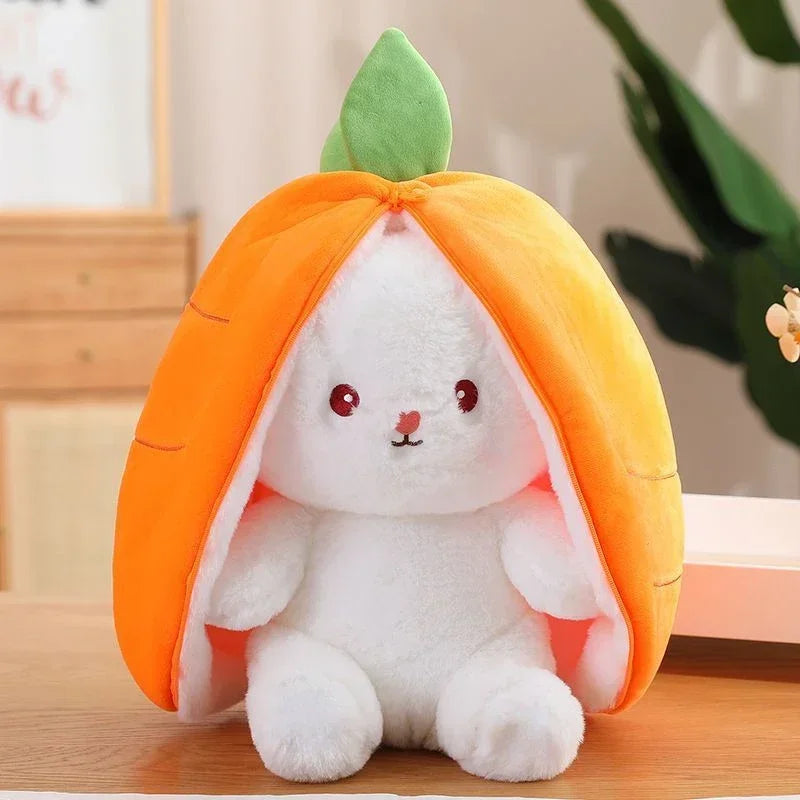 Plush rabbit in strawberry or carrot outfit 