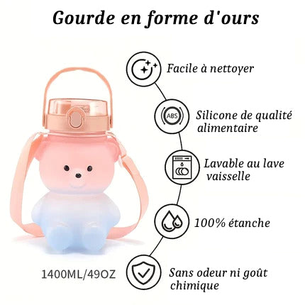 Gourde en forme d'ours mignon avec paille et bandoulière (2 contenances)