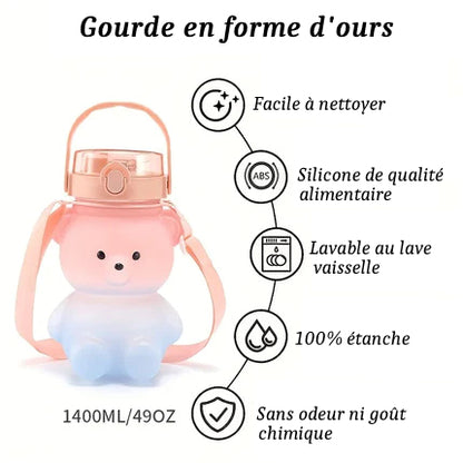 Gourde en forme d'ours mignon avec paille et bandoulière (2 contenances)