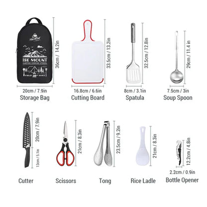 9-piece set (with bag) of utensils for portable barbecue
